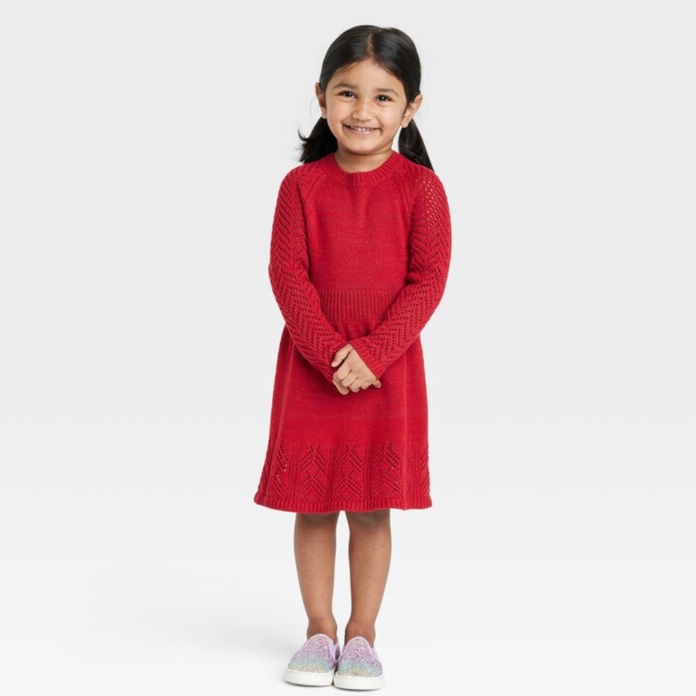 Cat & Jack Sweater Dress Red Lurex open stitch dress fit n flare Toddler 4T